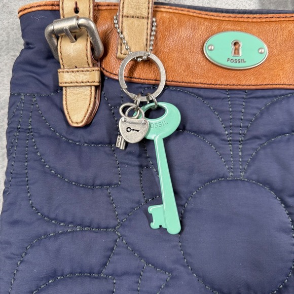 Fossil Quilted Tote Bag Navy Blue Leather Trim Floral Accent Key Charm - Picture 4 of 14